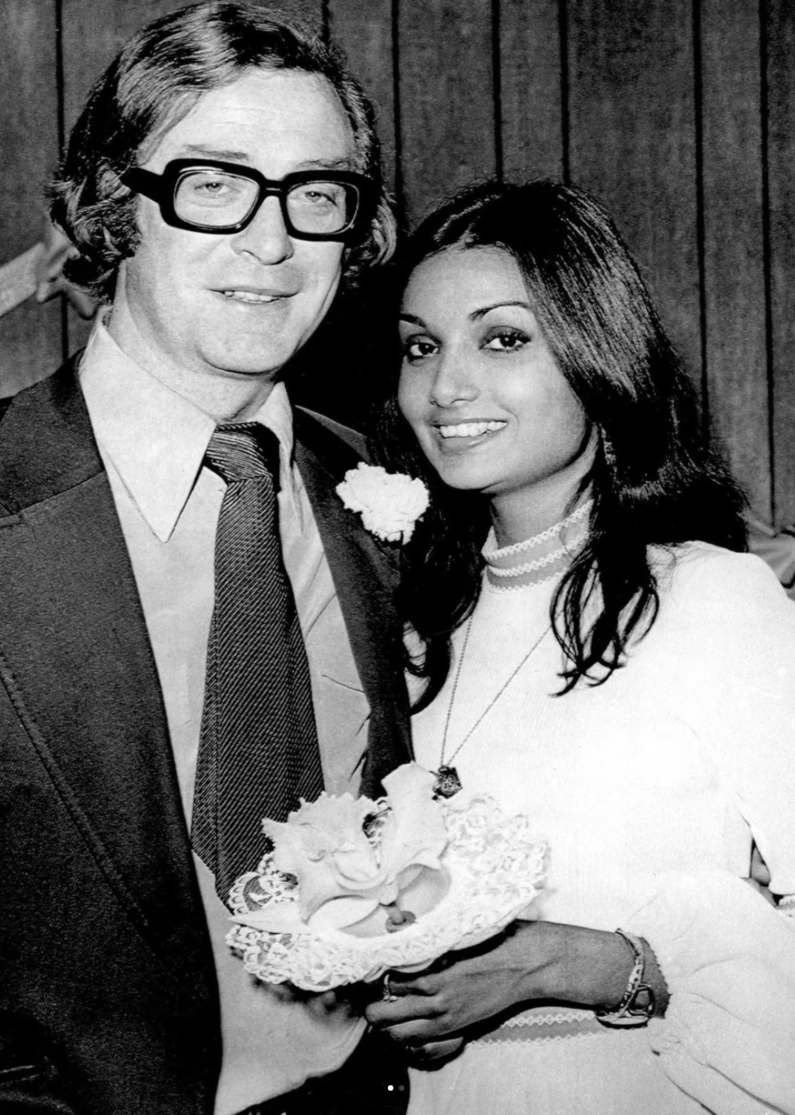 Michael Caine and Shakira Baksh, on their wedding day in 1973. 